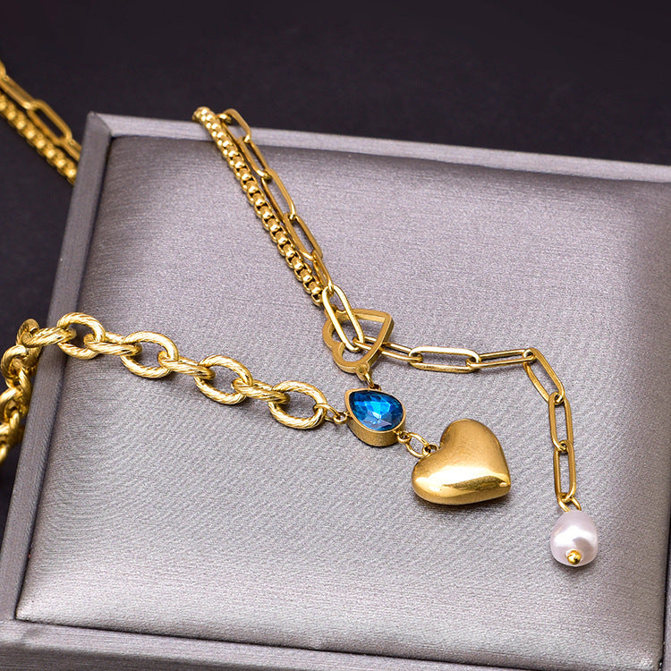 Blue Water Droplet Heart Pendant Necklace with Zircon and Pearl Tassels in Titanium Steel