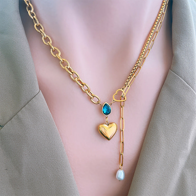 Blue Water Droplet Heart Pendant Necklace with Zircon and Pearl Tassels in Titanium Steel