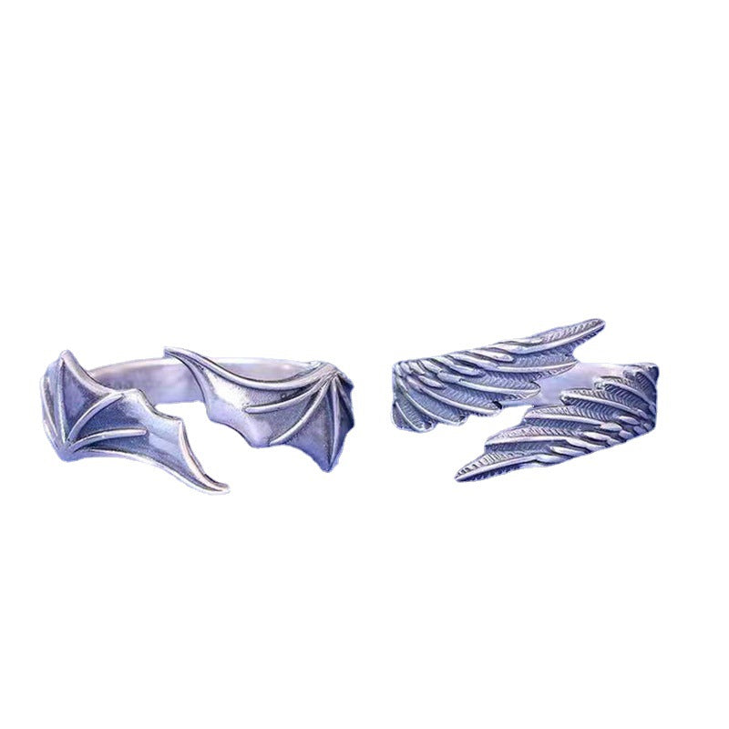 Angel and Demon Wings Adjustable Couple Ring - Silver Alloy Jewelry