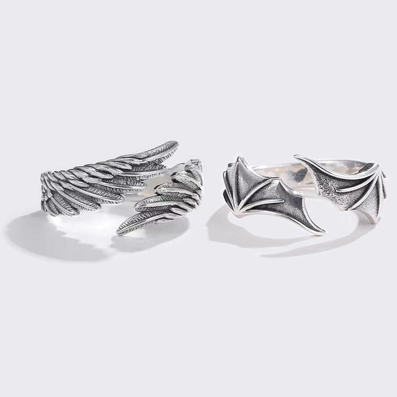 Angel and Demon Wings Adjustable Couple Ring - Silver Alloy Jewelry