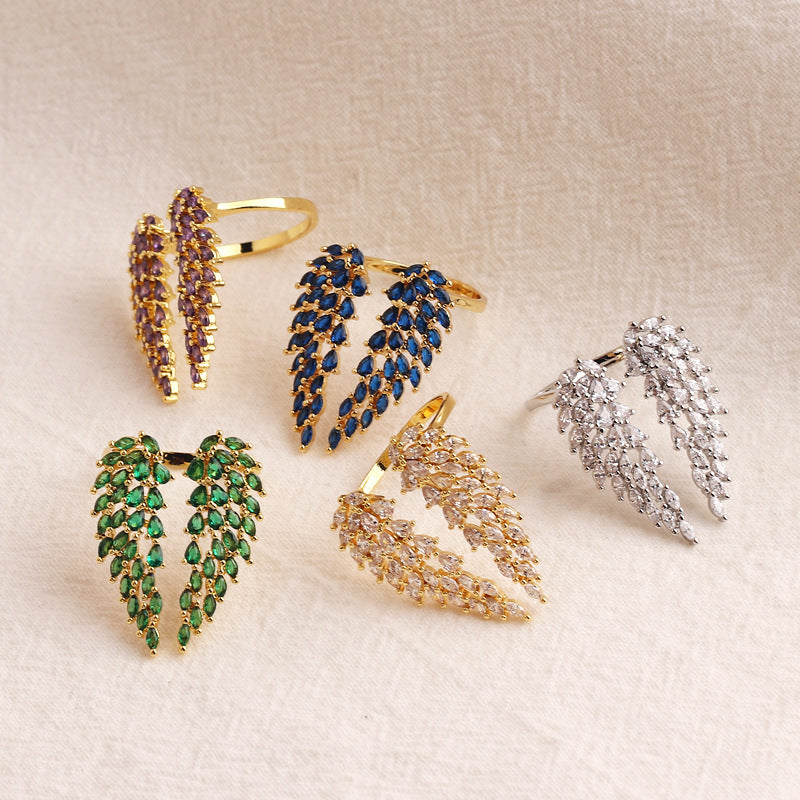 Elegant Leaf Design 18k Gold Plated Zircon Adjustable Ring