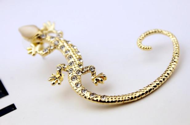 Lizard Ear Cuff Clip Earrings with Rhinestones in Rose Gold Alloy