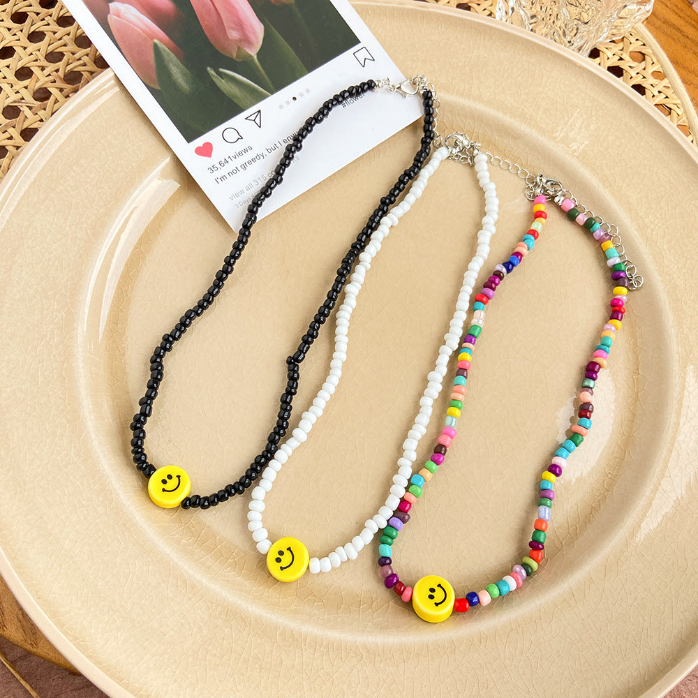 Fashion Yellow Smiley Face Rice Bead Choker Necklace Colorful Collar Chain