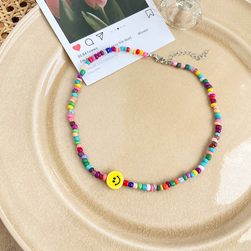 Fashion Yellow Smiley Face Rice Bead Choker Necklace Colorful Collar Chain