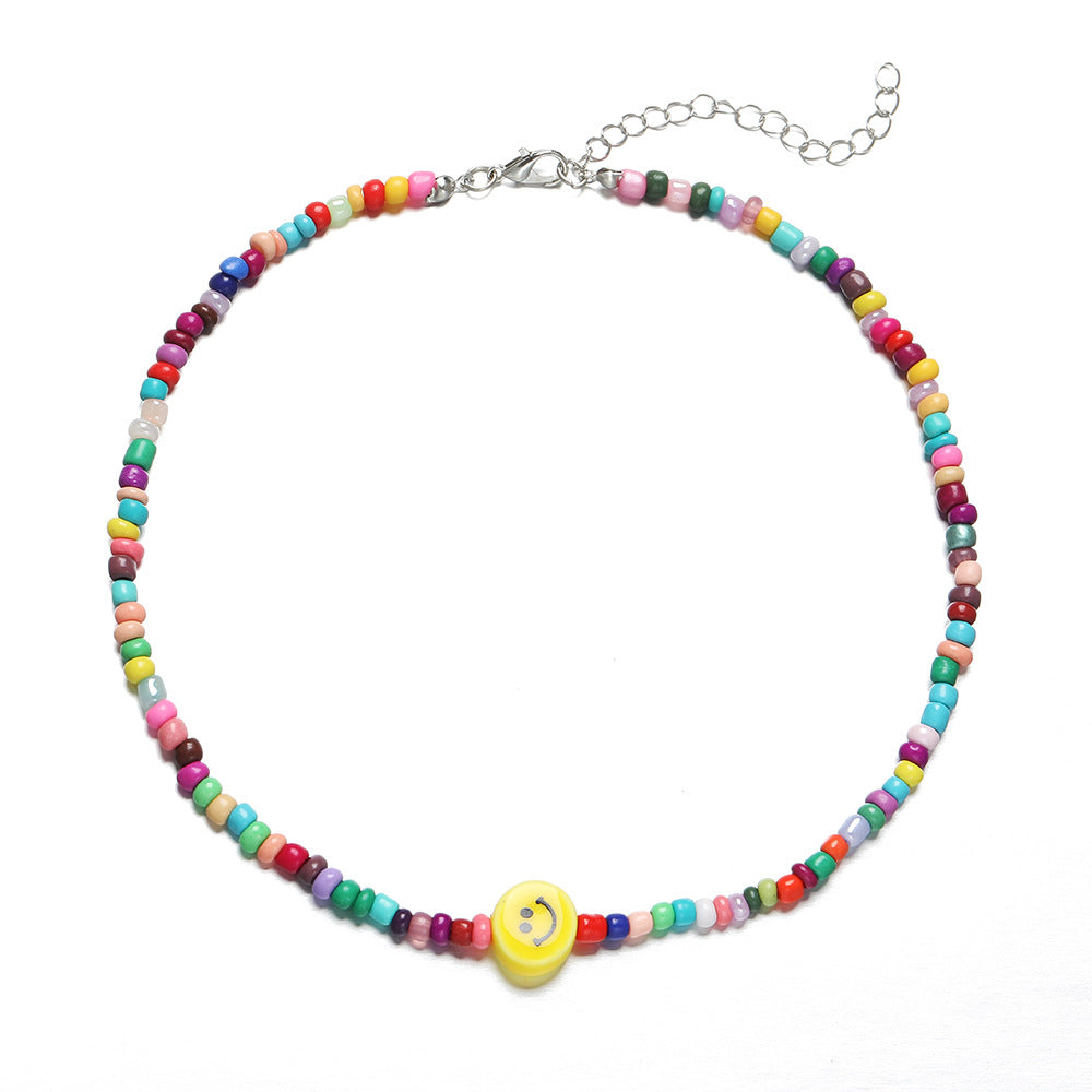 Fashion Yellow Smiley Face Rice Bead Choker Necklace Colorful Collar Chain