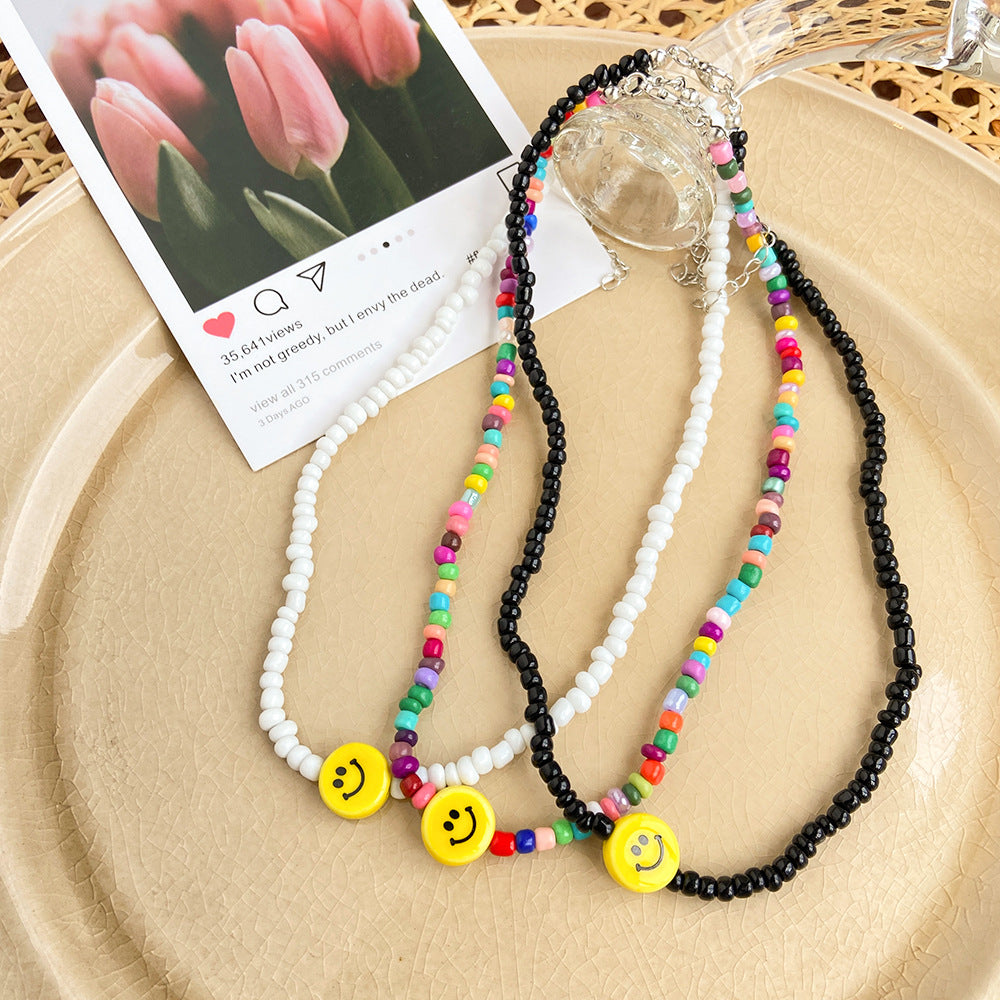 Fashion Yellow Smiley Face Rice Bead Choker Necklace Colorful Collar Chain