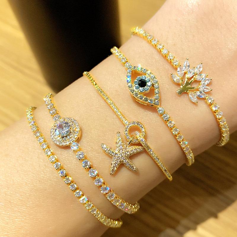 Fashion Zircon Crystal Starfish Adjustable Pull Bracelet for Women