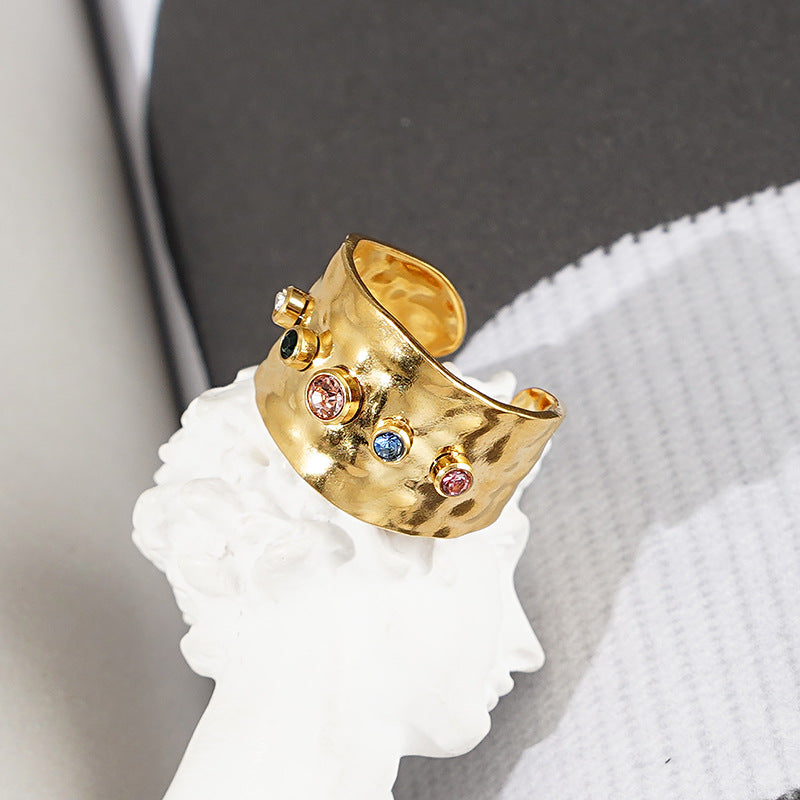 18k Gold Plated Titanium Steel Multicolor Zircon Open Band Ring