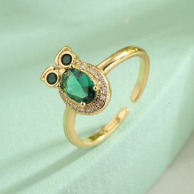 French Style Animal Owl Copper 18K Gold Plated Zircon Open Ring In Bulk