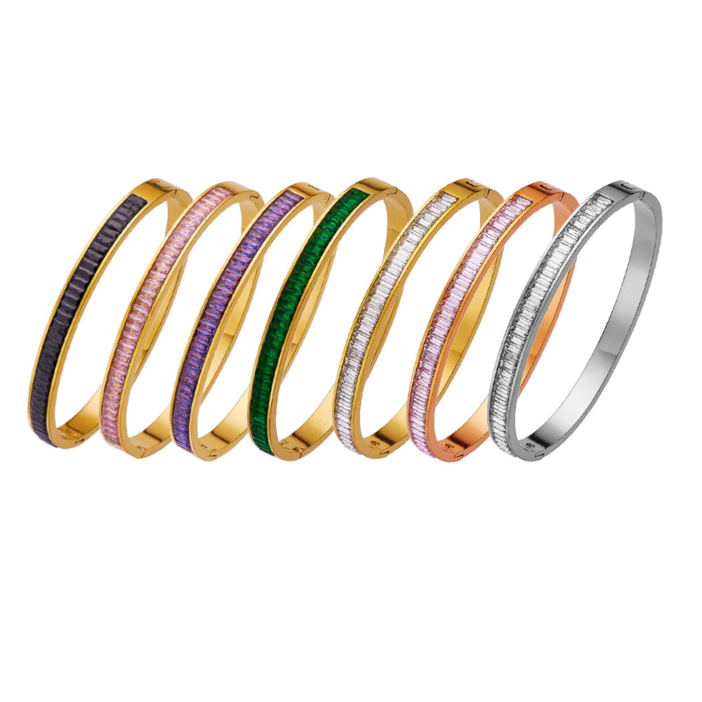 French Style Colorful Zircon Inlay Titanium Steel Bangle