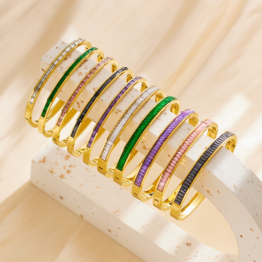 French Style Colorful Zircon Inlay Titanium Steel Bangle