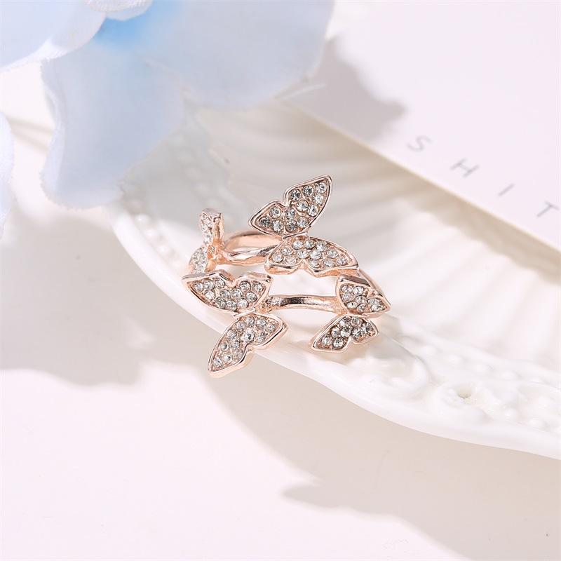 Full Diamond Four Butterfly Ring Light Luxury Index Finger Opening Ring