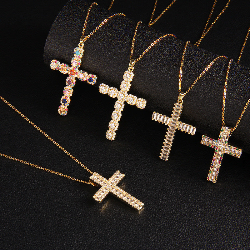 Glam Cross Copper Zircon Pendant Necklace In Bulk