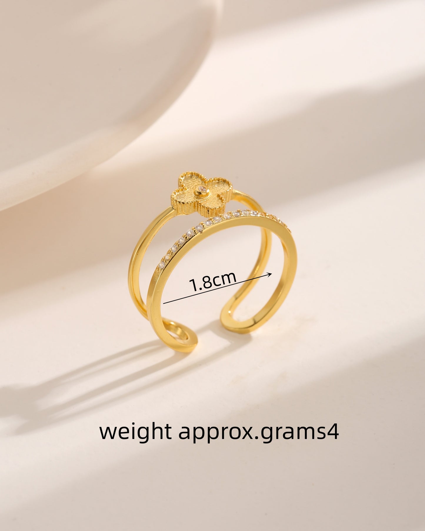 Glamorous Vintage Flower Zircon 18K Gold Plated Open Ring with Double Layer Beaded Edge Design