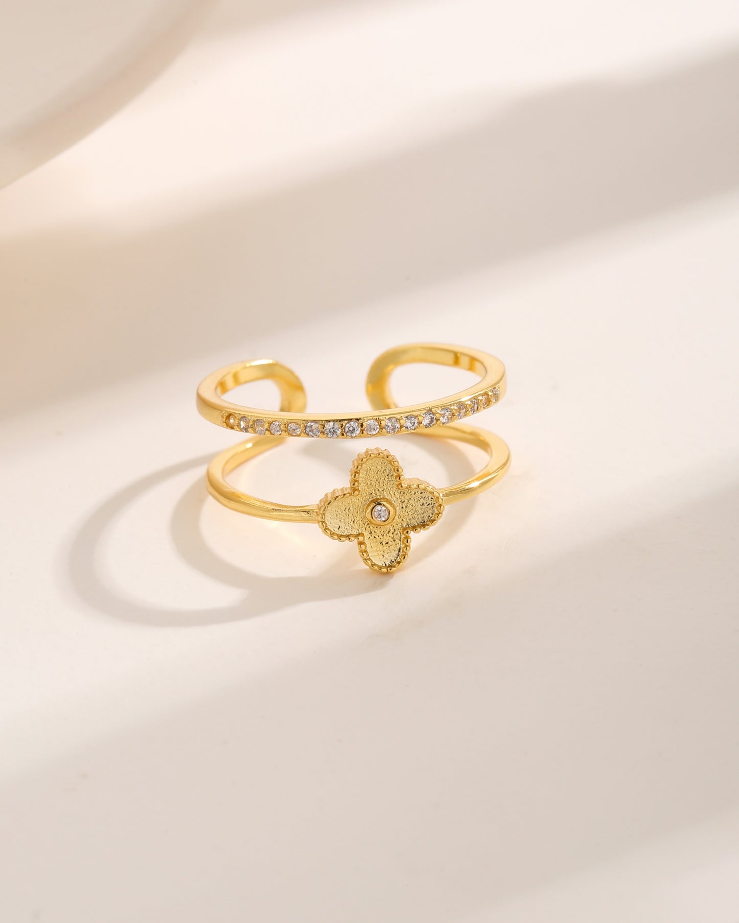 Glamorous Vintage Flower Zircon 18K Gold Plated Open Ring with Double Layer Beaded Edge Design