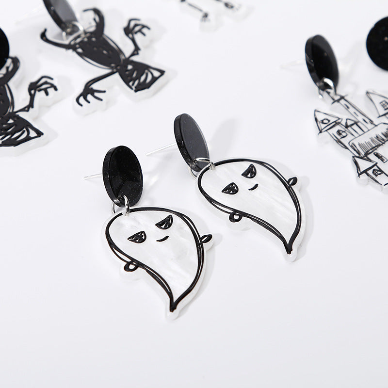 Halloween Ghost Skull Acrylic Female Stud Earrings Eccentric Personality Festival Cartoon Earrings Bones Man Castle Accessories