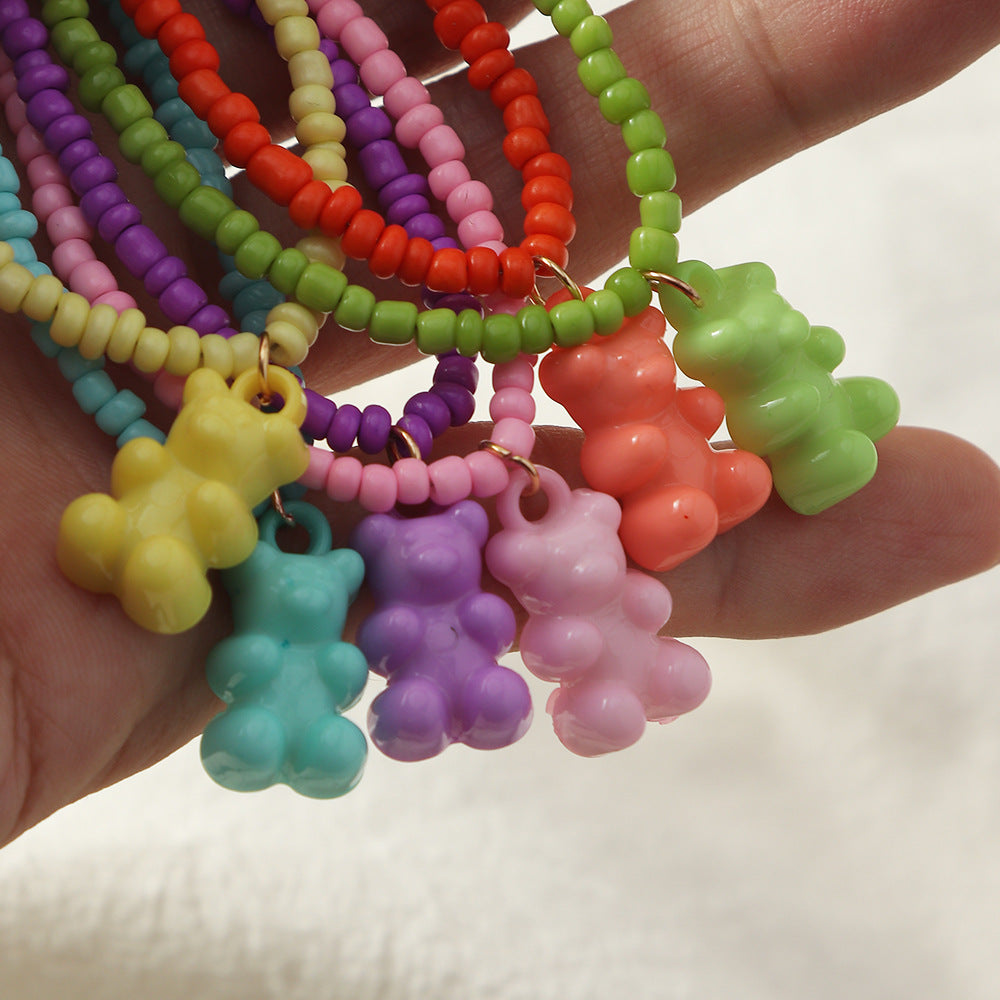 Hip Hop Bear Pendant Candy Color Beaded Necklace