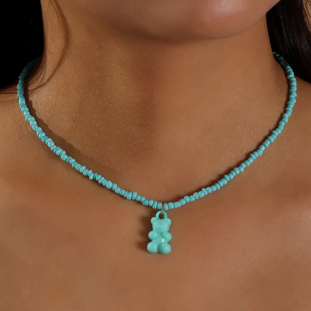 Hip Hop Bear Pendant Candy Color Beaded Necklace