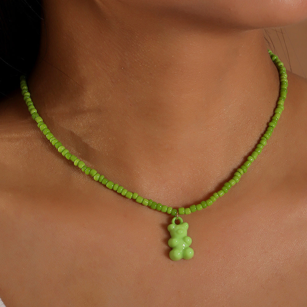 Hip Hop Bear Pendant Candy Color Beaded Necklace