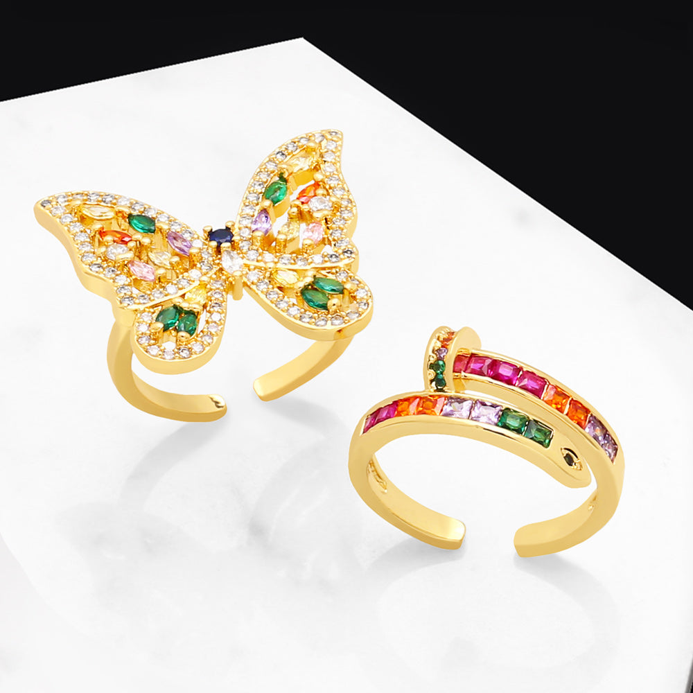 Hip-Hop Butterfly Gold Plated Zircon Adjustable Ring