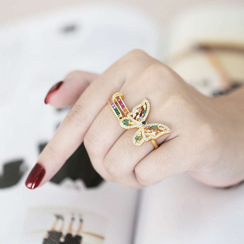 Hip-Hop Butterfly Gold Plated Zircon Adjustable Ring