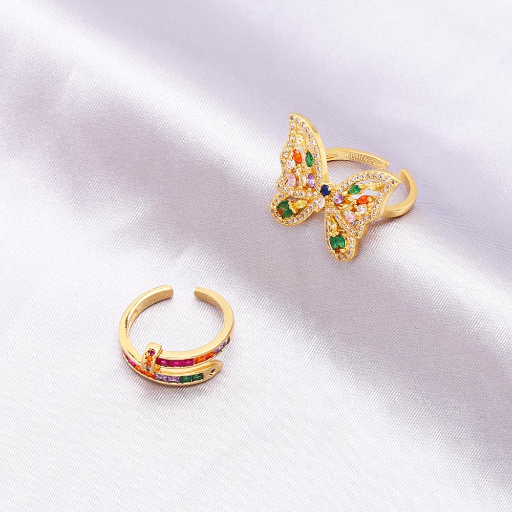 Hip-Hop Butterfly Gold Plated Zircon Adjustable Ring