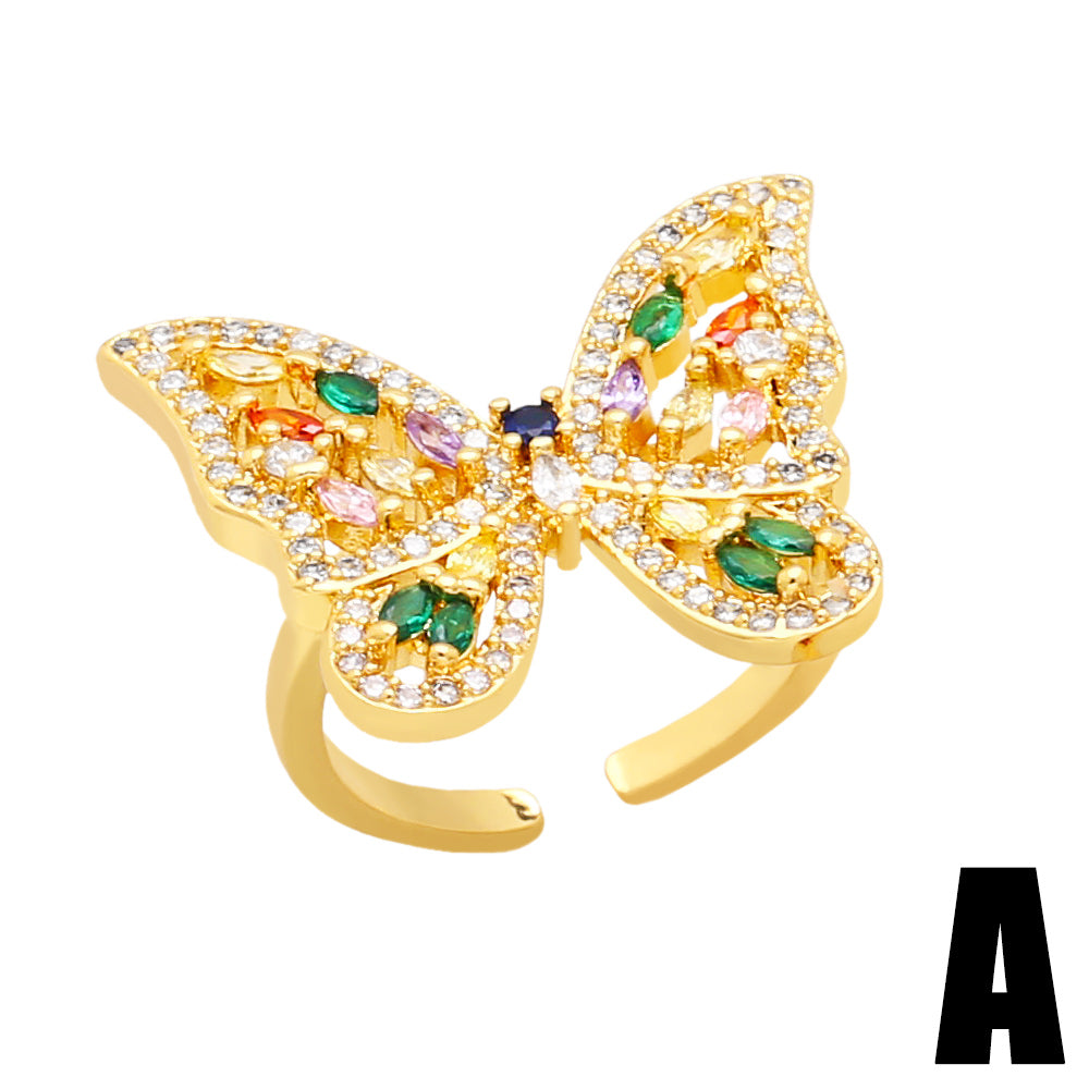 Hip-Hop Butterfly Gold Plated Zircon Adjustable Ring