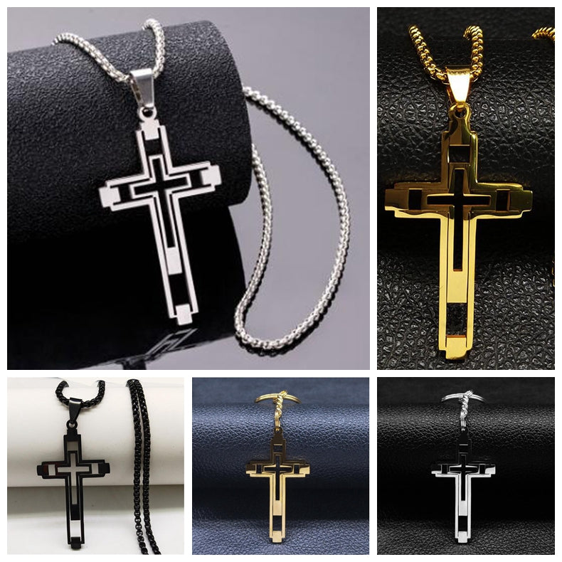 Hip-Hop Hollow Cross Stainless Steel Pendant Necklace