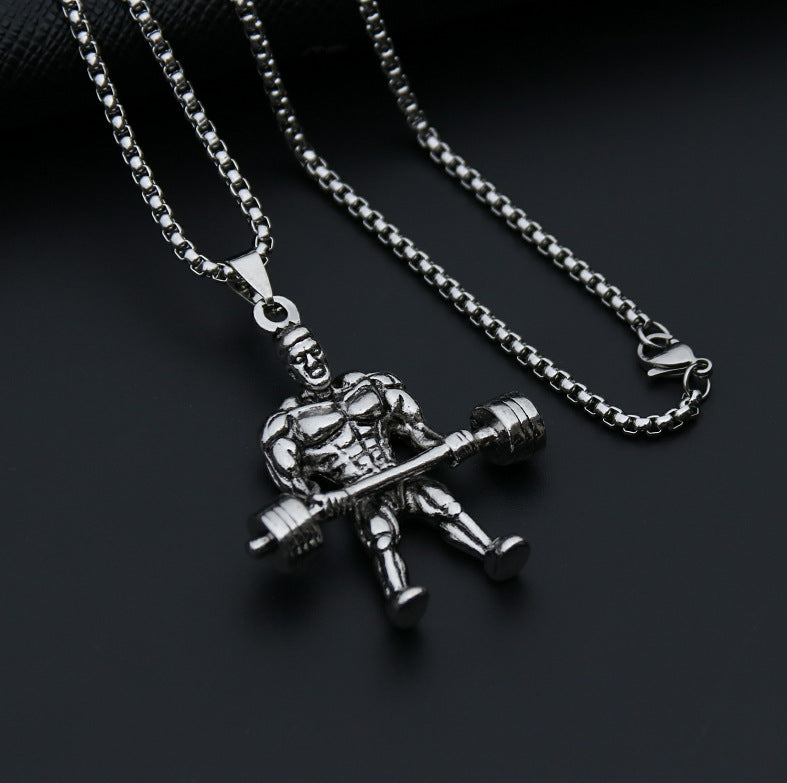 Hip-Hop Cross Star Snake Stainless Steel Pendant Necklace with Weightlifter Charm