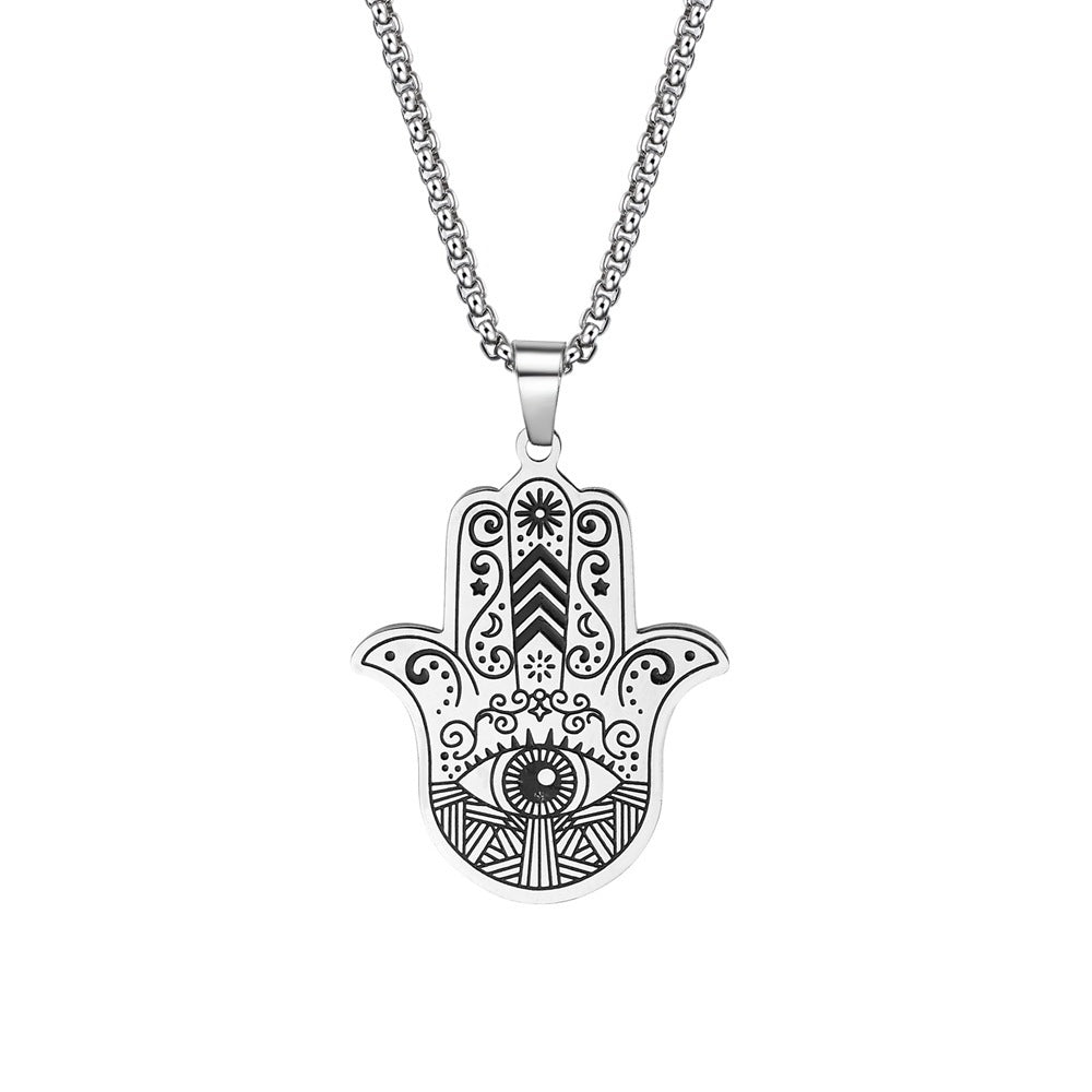 Hip-Hop Fatima Hand Stainless Steel Evil Eye Pendant Necklace