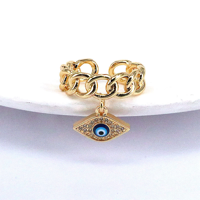 Hip-Hop Evil Eye Gold Plated Zircon Adjustable Open Ring for Women