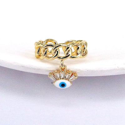 Hip-Hop Evil Eye Gold Plated Zircon Adjustable Open Ring for Women