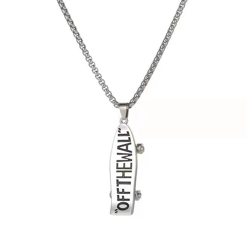 Hip-Hop Punk Cross Feather Titanium Steel Pendant Necklace with Letter Skateboard Pendant