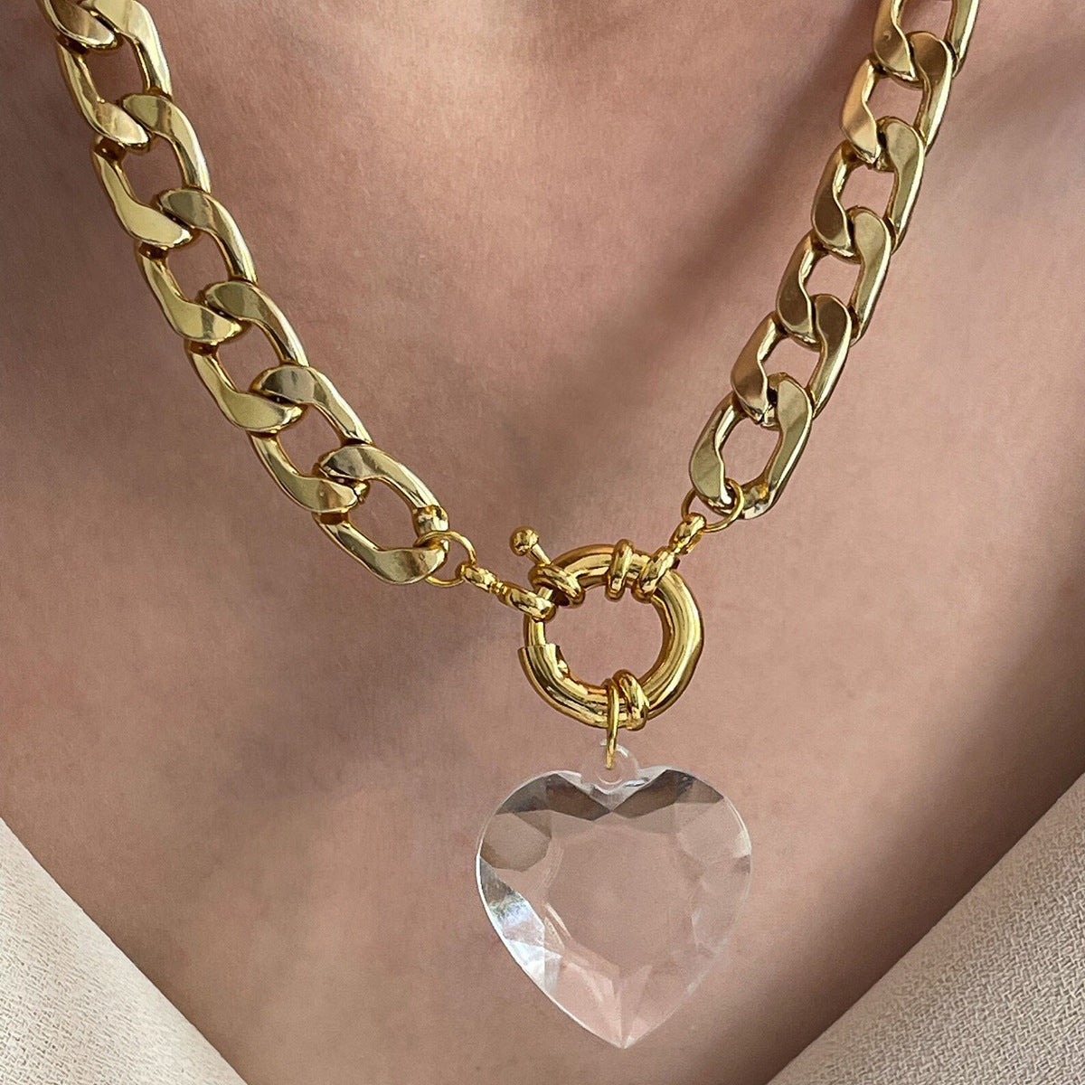 Hip-Hop Punk Heart Zircon Pendant Necklace in 18K Gold Plated Stainless Steel