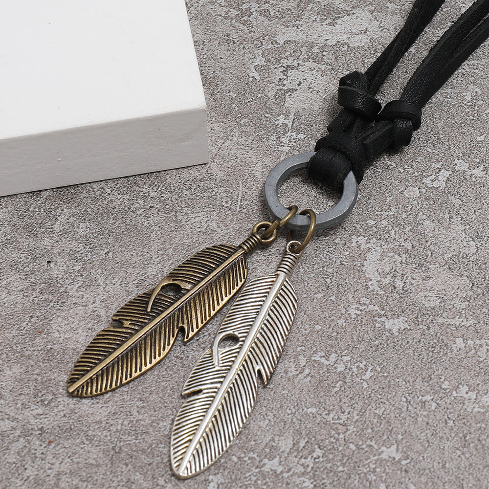 Hip-hop Retro Alloy Feather Adjustable Leather Necklace