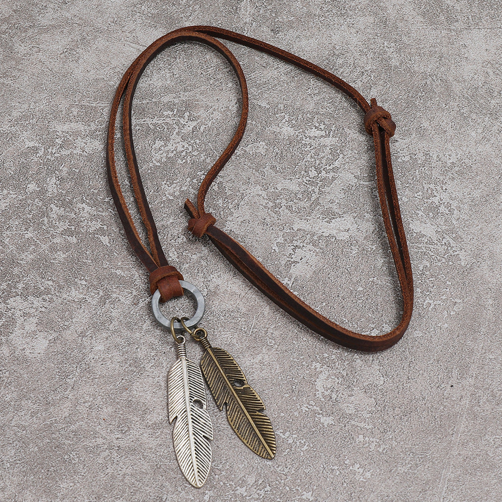 Hip-hop Retro Alloy Feather Adjustable Leather Necklace