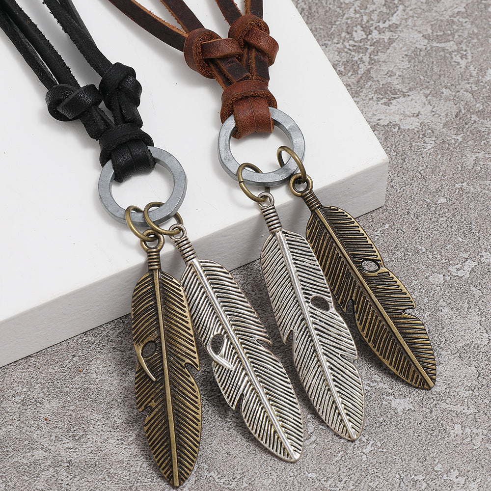 Hip-hop Retro Alloy Feather Adjustable Leather Necklace