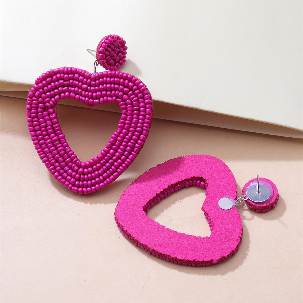 Holiday Color Ethnic Red Bead Hollow Heart-shaped Earrings