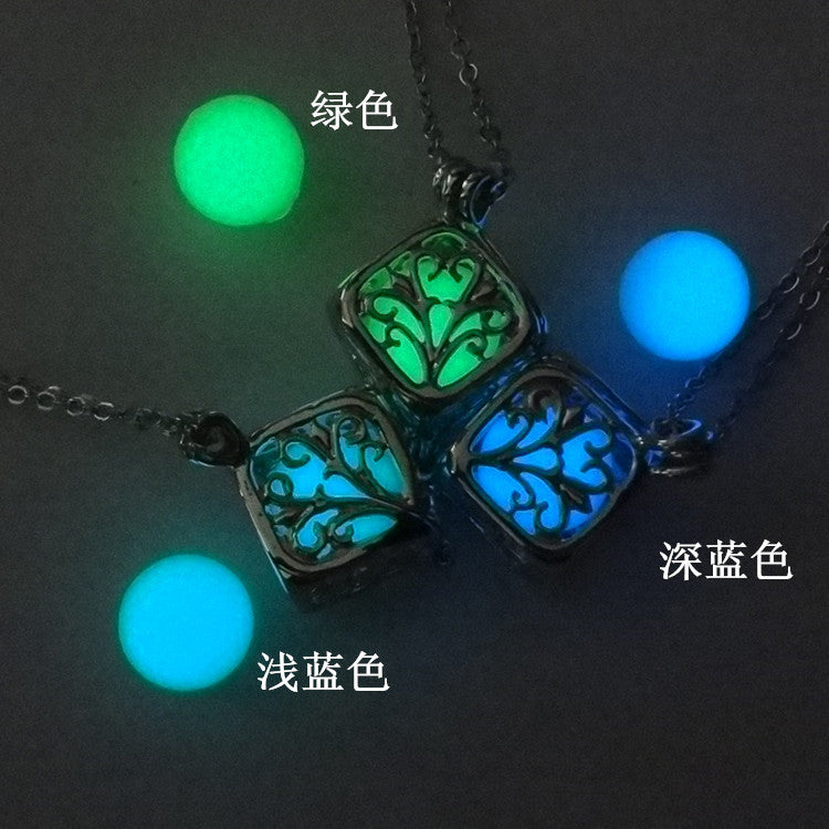 Hollow Square Life Tree Luminous Love Rubik's Cube Luminous Photo Box Bead Pendant Alloy Necklace Accessories