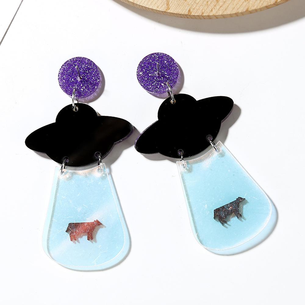 Hot Acrylic Earrings Funny Ufo Spaceship Flying Saucer Cute Exaggerated Fluorescent Fashion Earrings Female