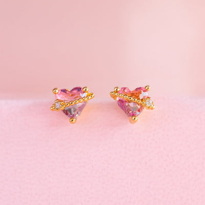 Hot Pink Peach Heart Stud Earrings Copper Plated 18K Real Gold Color Preserving Earrings