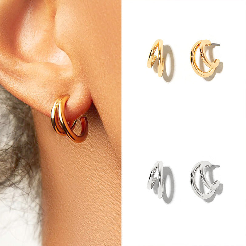 Sterling Silver Double Layer Coil Stud Earrings - Minimalist Style