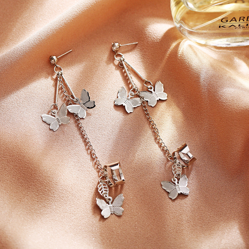 Alloy Butterfly Pendant Retro Silver Chain Earrings for Women