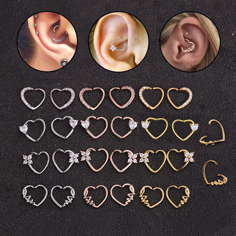 Micro-inlaid Zircon Heart Stud Earrings and Nose Ring Set