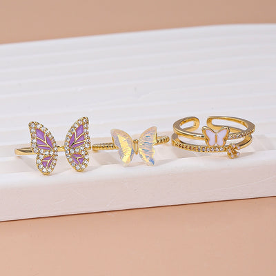 IG Style Geometric Butterfly 14K Gold Plated Open Ring with Zircon and Pearl Inlay