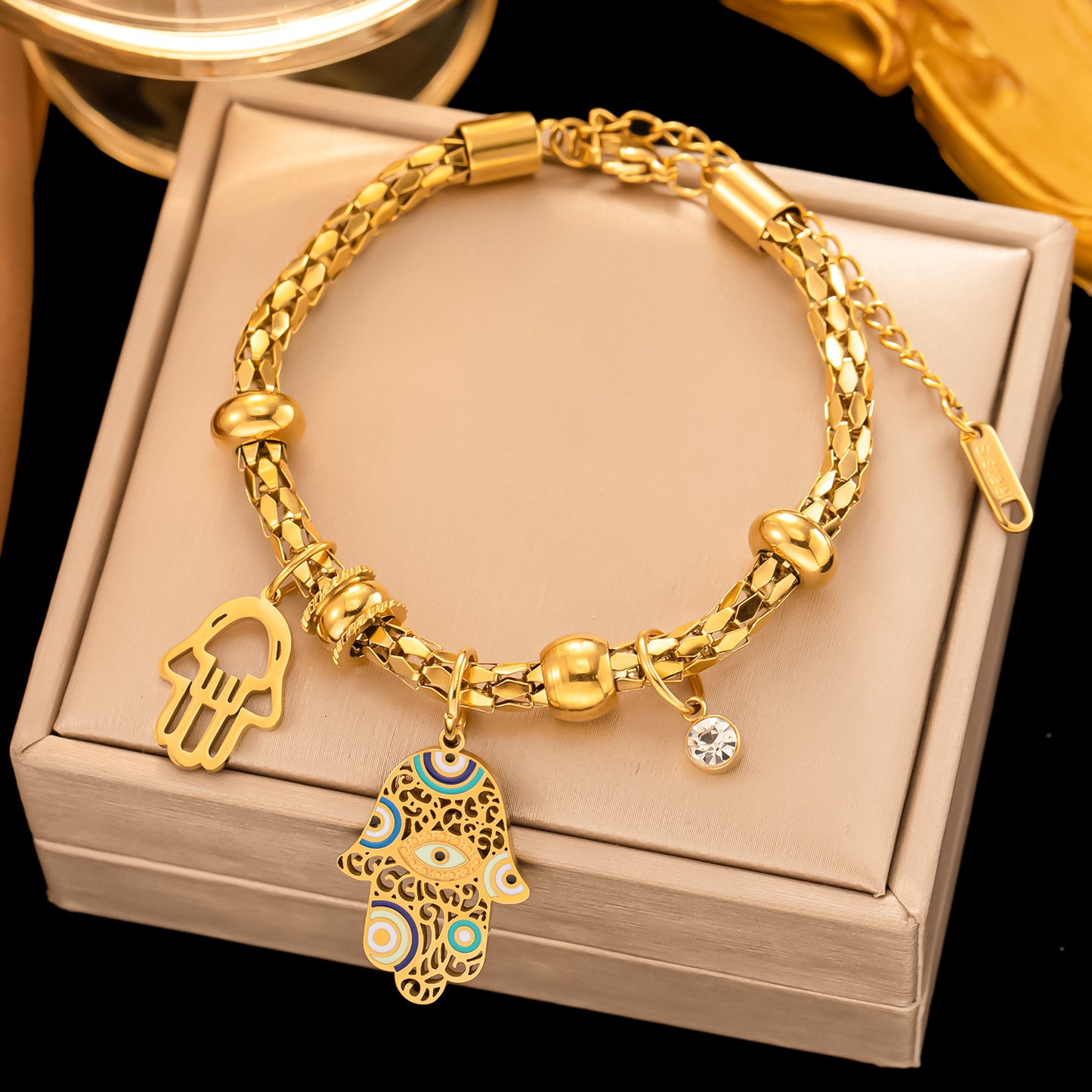 IG Style Four Leaf Clover Evil Eye & Hand of Fatima 18K Gold Plated Titanium Steel Jewelry Set with Rhinestone Inlay