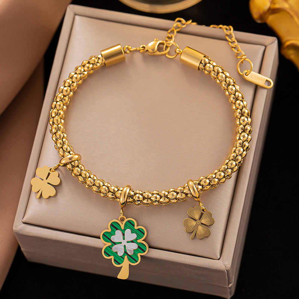 IG Style Four Leaf Clover Evil Eye & Hand of Fatima 18K Gold Plated Titanium Steel Jewelry Set with Rhinestone Inlay