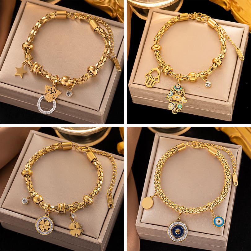 IG Style Four Leaf Clover Evil Eye & Hand of Fatima 18K Gold Plated Titanium Steel Jewelry Set with Rhinestone Inlay