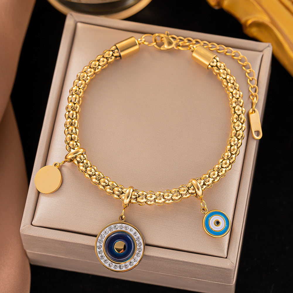 IG Style Four Leaf Clover Evil Eye & Hand of Fatima 18K Gold Plated Titanium Steel Jewelry Set with Rhinestone Inlay