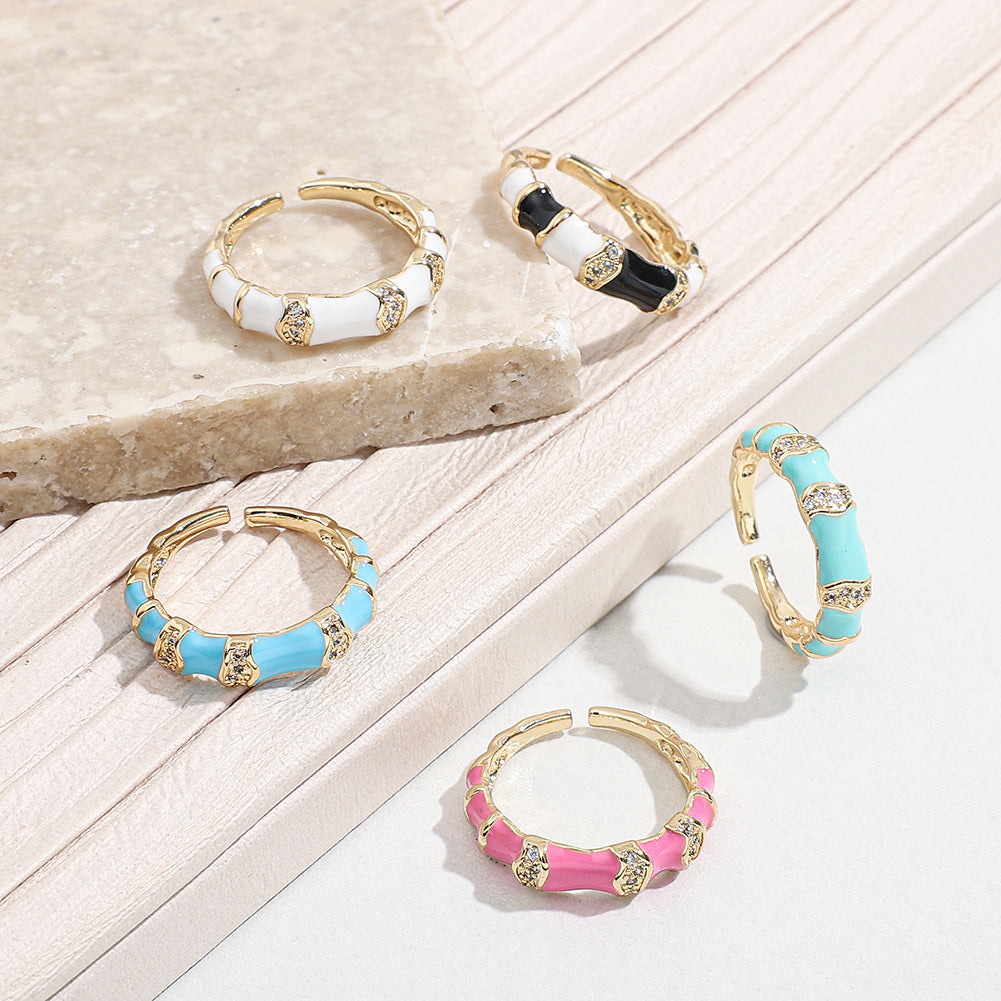 IG Style Geometric Enamel Zircon Adjustable Open Ring